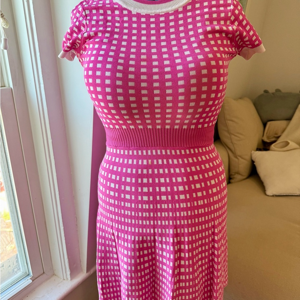 Pink and White Checkered Midi Dress
